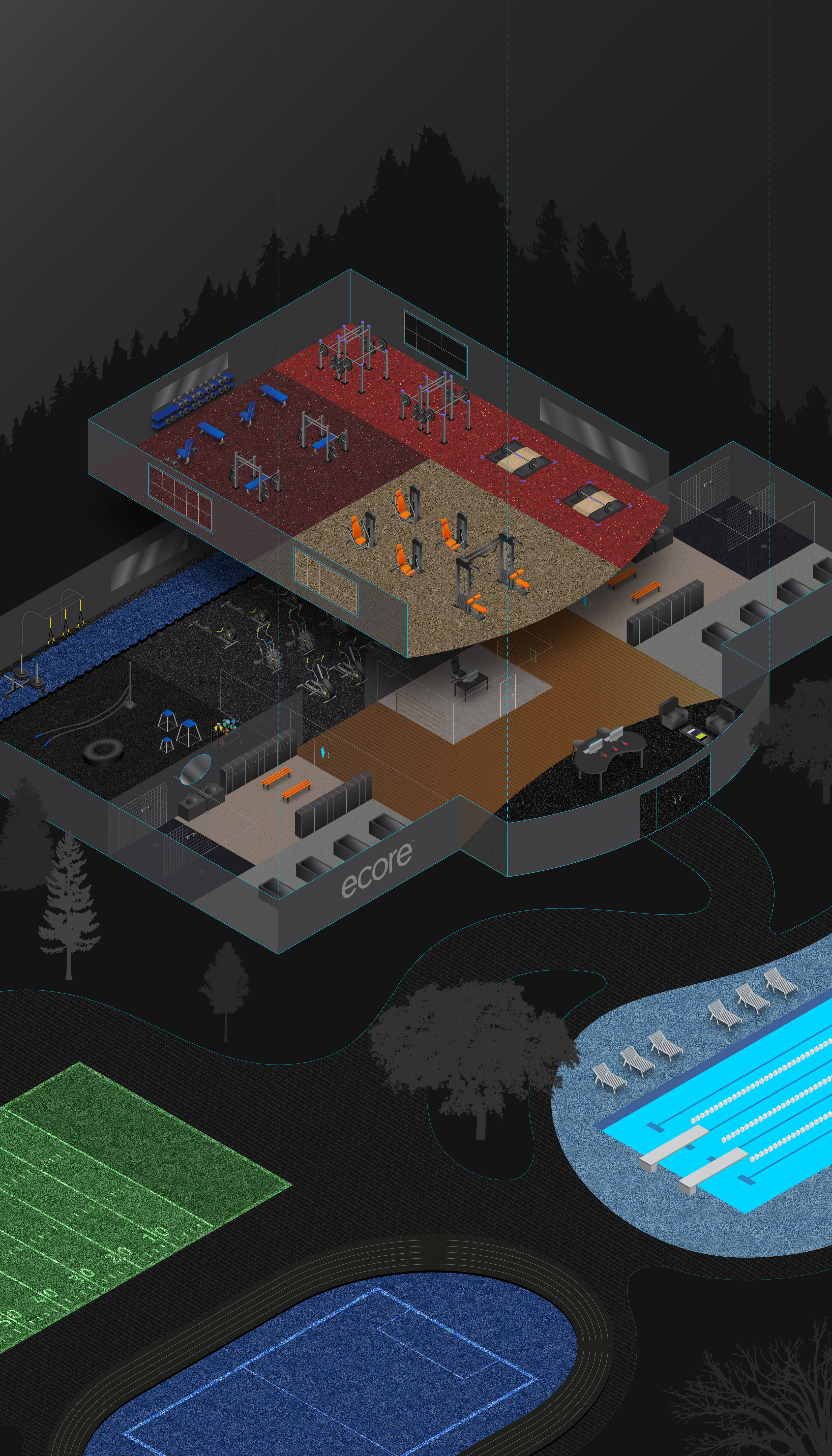 Blueprint of athletic facility featuring Ecore flooring options in each room or space