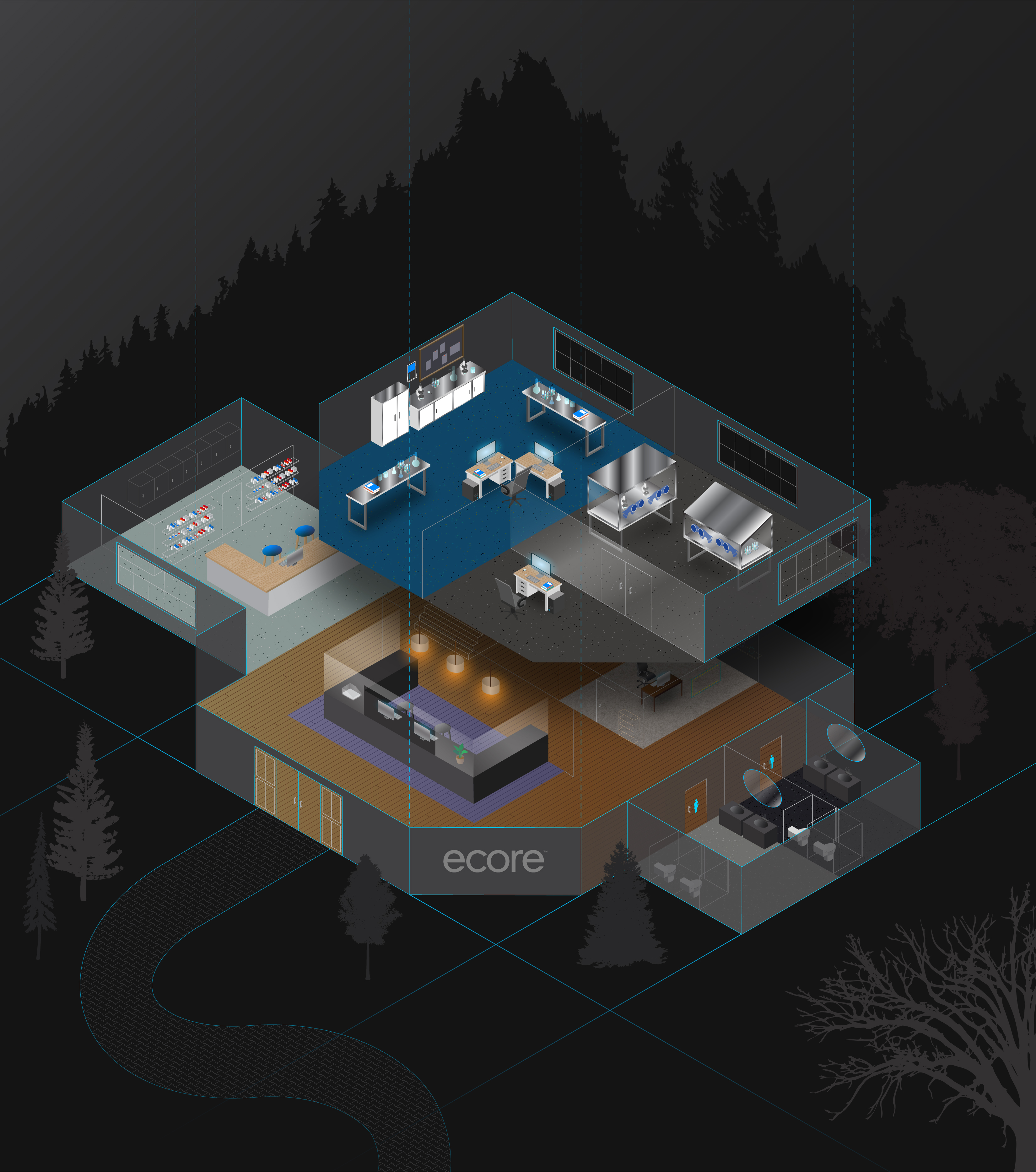 Blueprint of a lab and life science facility featuring Ecore flooring options in each room or space