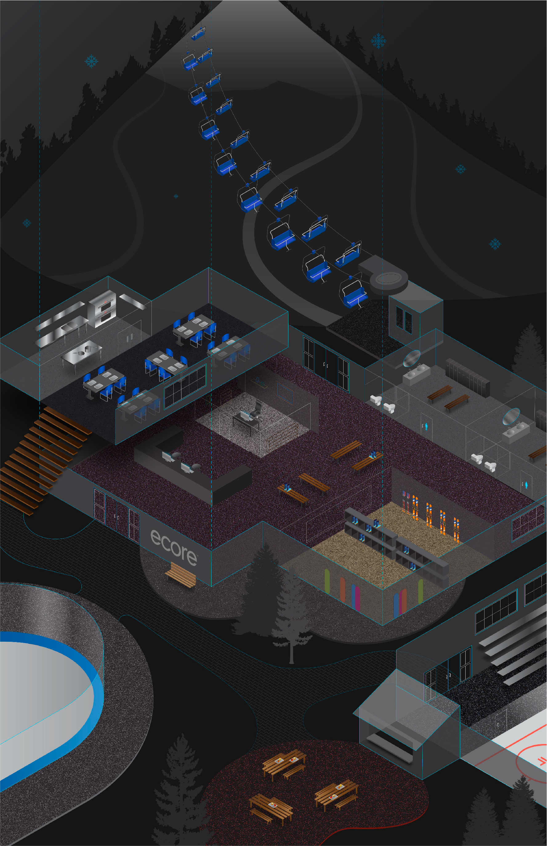 Blueprint of a winter sports facility featuring Ecore flooring options in each room or space