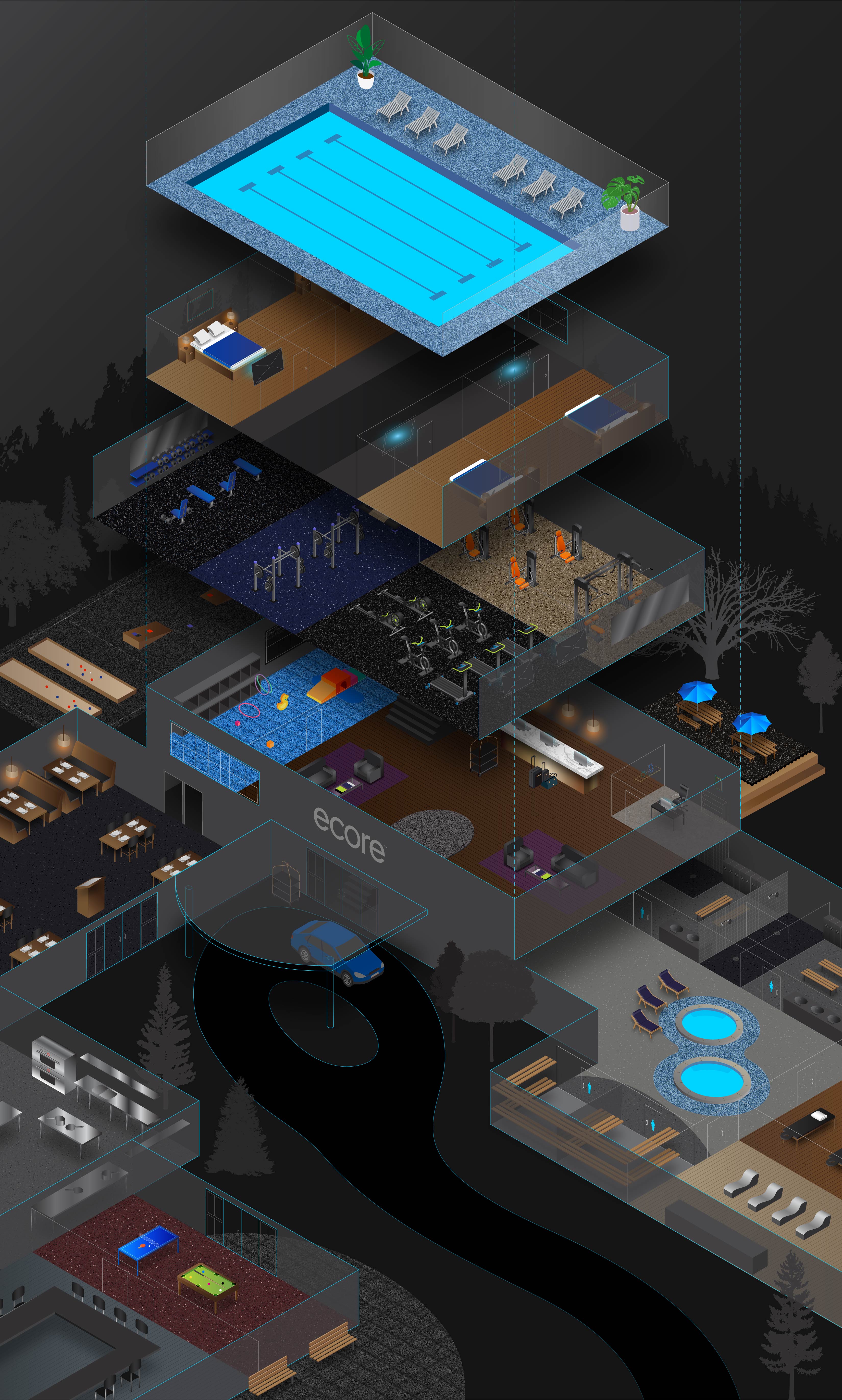 Blueprint of a hotel featuring suggested Ecore flooring options for each room or space