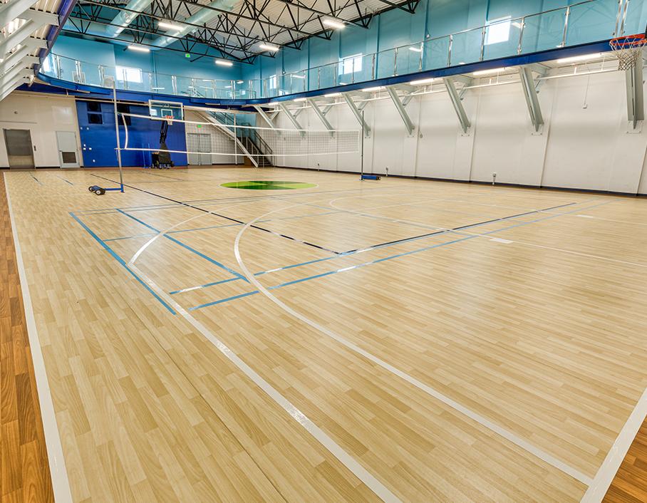 Beautiful indoor volleyball court with vinyl wood-like finish.